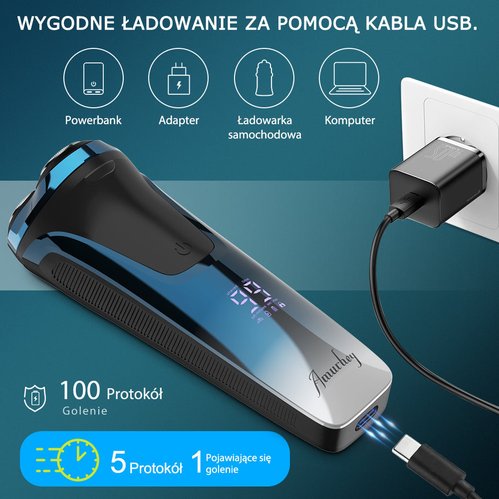 Golarka męska Amurhey FK375S Pro: Elektryczna golarka do golenia na sucho i na mokro, w zestawie z etui do przechowywania i 3 wymiennymi ostrzami.