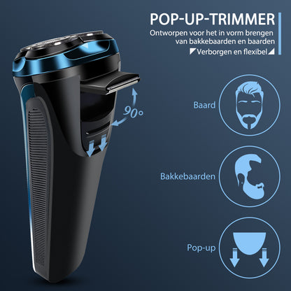 Scheerapparaat voor mannen Pro: Elektrisch nat en droog scheren, incl. GRATIS reisetui & 3 vervangende scheerkoppen